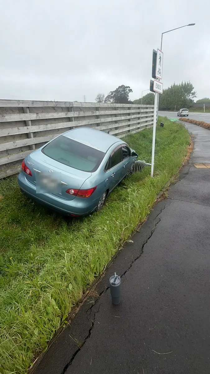 Pale blue 2007 Nissan Bluebird Sylphy that has left the road and come to rest in a grass verge